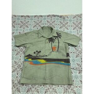 Vintage Sprint Mens Tropical Beach Graphic Shirt Sage Green Palm Tree Sunset XL